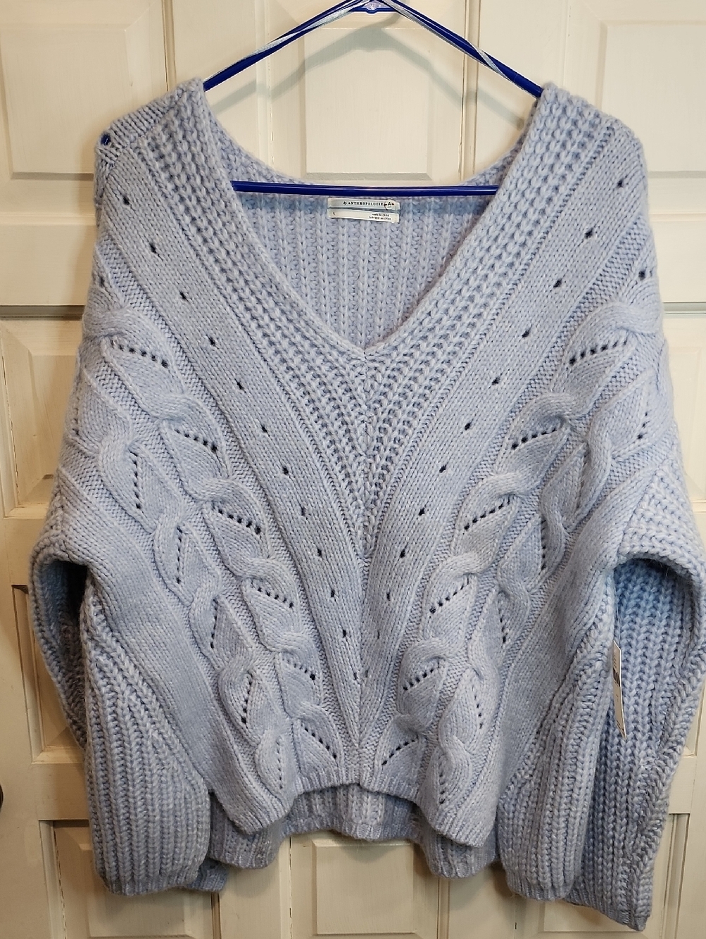 ANTHROPOLOGIE SWEATER RAMONA NWT BLUE V-neck Pullover Cable 7%Angora Knit - Picture 1 of 6